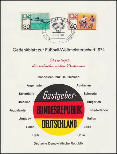 Gedenkblatt Fußball-WM 1974 mit Bund 811-812 und Ehrentafel der Teilnehmer SSt