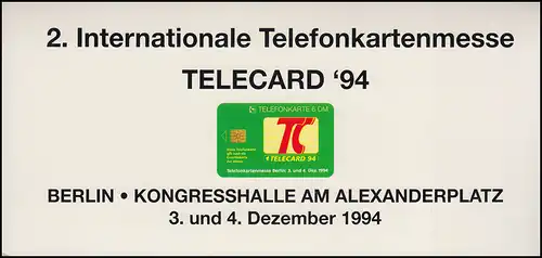 2. Internationale Telefonkartenmesse TELECARD'94 Folder mit 3 Karten ungebraucht