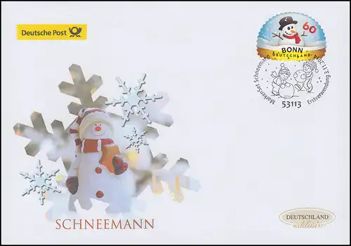 3113 Schneemann in Schneekugel, selbstklebend, Schmuck-FDC Deutschland exklusiv