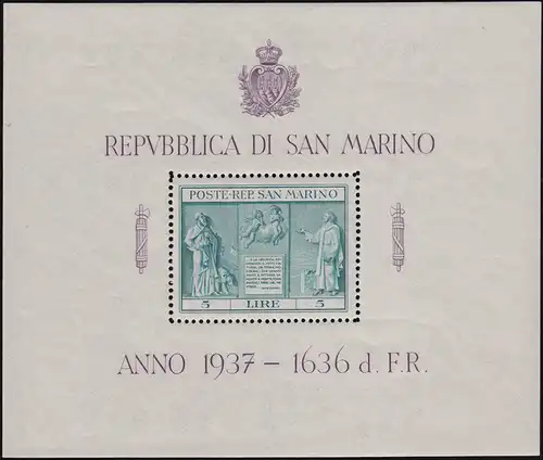 San Marino Block 1 Errichtung einer Unabhängigkeitssäule 1937 ** / MNH