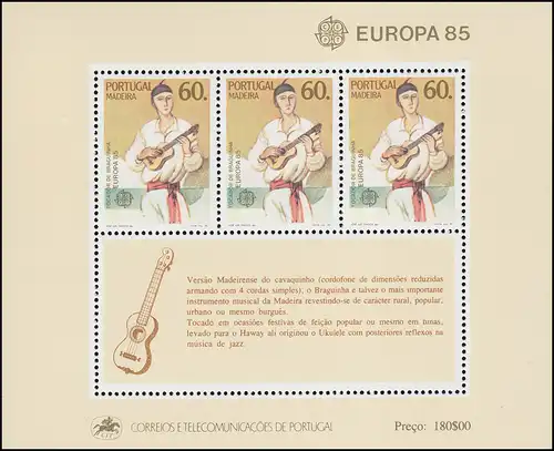 Portugal-Madeira Block 6 Europaunion CEPT Europäisches Jahr der Musik, ** / MNH