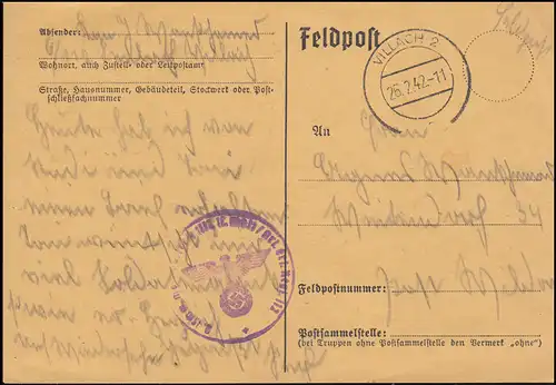 Feldpost BS Einheit beim Artillerie-Ersatz-Regiment 112, VILLACH 26.2.1942