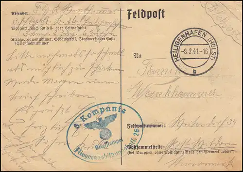 Feldpost-Karte Fliegerausbildungsbatl. 26, HEILIGENHAFEN (HOLST.) 8.2.41