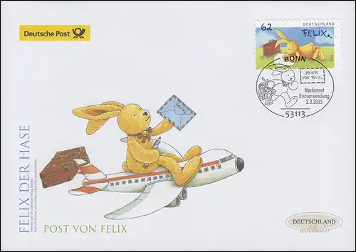 3142 Felix der Hase, selbstklebend, Schmuck-FDC Deutschland exklusiv