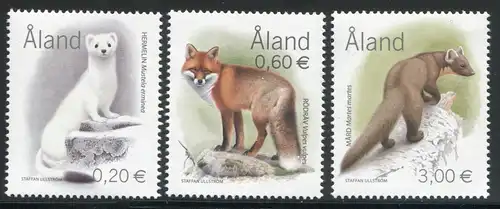 Aland 229-231 Raubtiere: Hermelin Rotfuchs Baummarder 2004, Satz ** / MNH