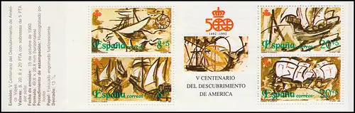 Espagne Carnets de marque 8, Découverte d'Amérique 1990, non pliée, ** / MNH