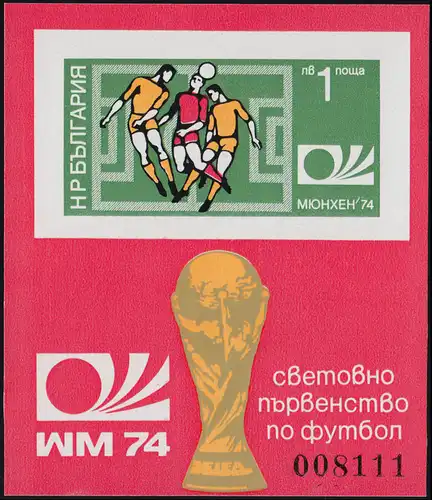 Bulgarien Block 47B Fußball-WM Deutschland 1974 ungezähnt, ** / MNH