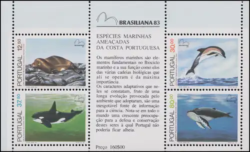 Portugal bloc 41 Exposition BRASSILIANA'83 Mammifères marins menacés, ** / MNH