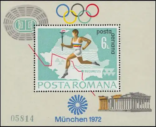 Rumänien Block 93 Olympia München 1972: Fackelläufer, ** / MNH