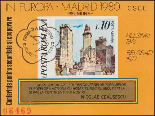Roumanie bloc 175 Conférence CSCE Madrid 1980, ESSt Pigeon 30.9.80