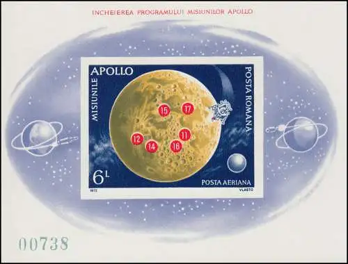 Roumanie Bloc 103 Programme Apollo 1972: points d'atterrissage sur la lune, ** / MNH