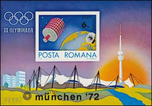 Roumanie Bloc 98 Olympia Munich 1972: satellite de télécommunications globe terrestre, ** / MNH