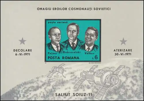 Rumänien Block 86 Tod der Kosmonauten von Sojus 11, ** / MNH
