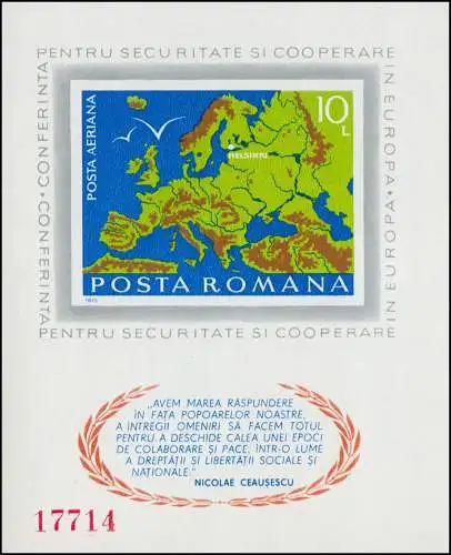 Rumänien Block 125 KSZE-Konferenz Belgrad 1975: Landkarte, ** / MNH