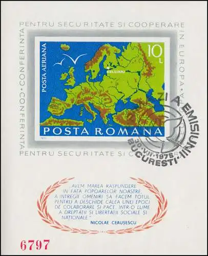 Rumänien Block 125 KSZE-Konferenz Belgrad 1975: Landkarte, ESSt Taube 30.7.75