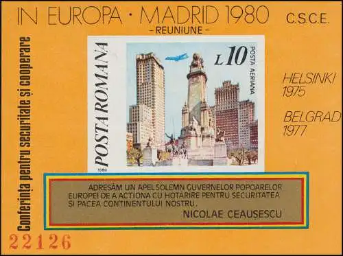 Roumanie bloc 175 Conférence CSCE Madrid 1980, ** / MNH