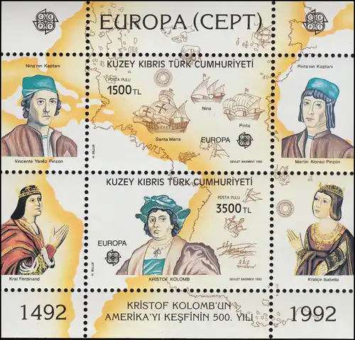 Zypern (türkisch) Block 10 Europaunion CEPT Entdeckung von Amerika, ** / MNH