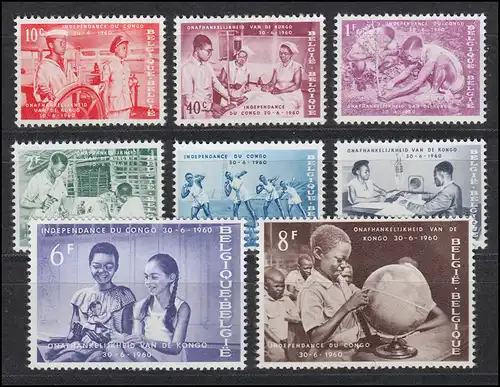Belgique 1198-1205 Indépendance du Congo 1960, 8 valeurs complètes, ensemble ** / MNH