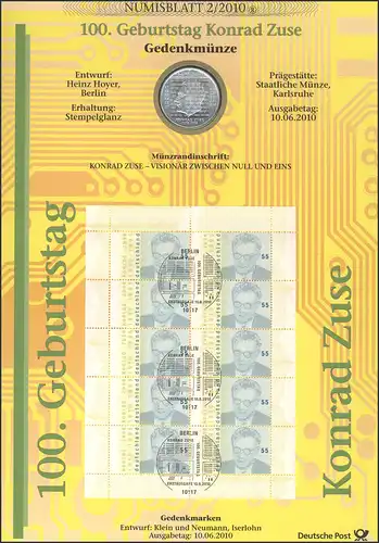 2802 Ingénieur civil et inventeur informatique Konrad Zuse - Numisblatt 2/2010
