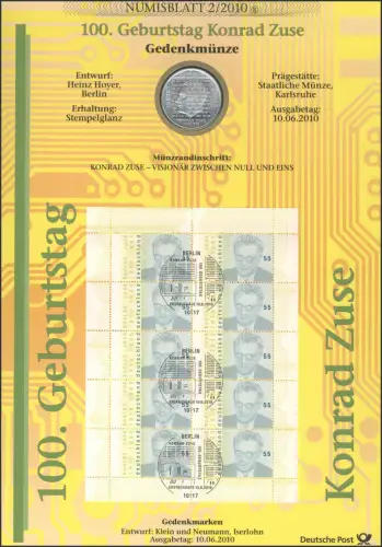 2802 Ingénieur civil et inventeur informatique Konrad Zuse - Numisblatt 2/2010