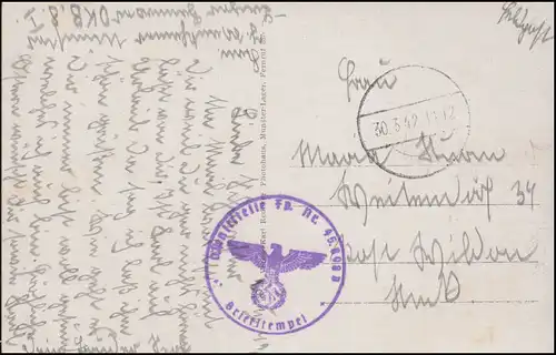 Poste de terrain BS 45898 D, timbre camouflage 30.3.1942 sur AK Munster-Stager Baracken 8 et 9
