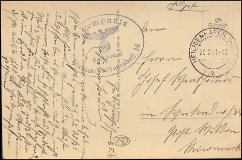 Feldpost BS Fliegerausbildungsbatl. 26 auf AK Flugboot, HEILIGENHAFEN 26.2.41