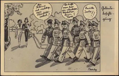 Poste de terrain BS 45898 D sur visite de terrains humor-AK, timbre camouflage 2.4.42