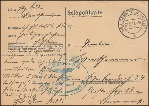Feldpost-Karte Fliegerausbildungsbatl. 26, HEILIGENHAFEN (HOLST.) 28.2.1941