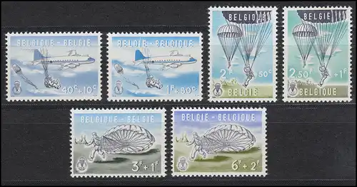 Belgien 1190-1195 Fallschirmspringen 1960, 6 Werte komplett, Satz ** / MNH