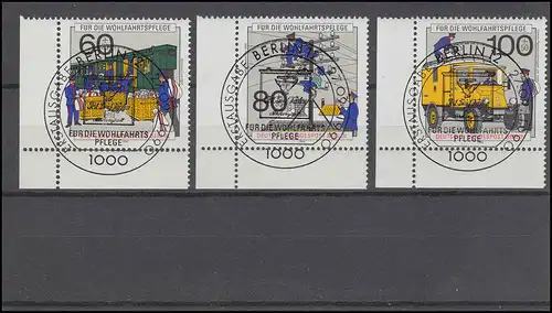 876-878 Postbeförderung 1990: Ecken unten links, Satz zentrische ESSt BERLIN