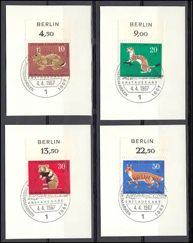 299-302 Jugend Pelztiere: Oberrand-Satz mit BERLIN-Zudruck auf Papier mit ESSt