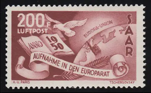 Saarland 298 Flugpostmarke Europarat 200 Fr 1950, postfrisch **
