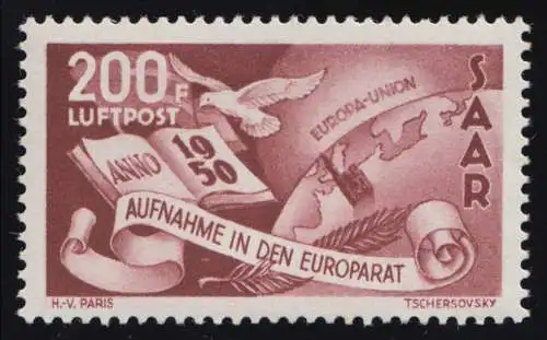 Saarland 298 Flugpostmarke Europarat 200 Fr 1950, postfrisch **