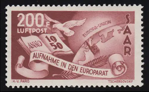 Saarland 298 Flugpostmarke Europarat 200 Fr 1950, **