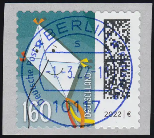 3654 Briefdrachen 160 Cent sk 100er mit GERADER Nummer, ET-O VS Berlin 1.3.22