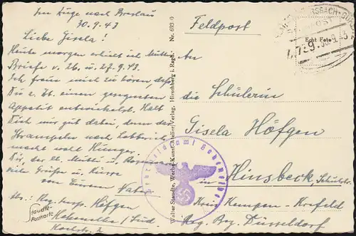 Bahnpost BRESLAU-DITTERSBACH-GÖRLITZ - 30.9.43 auf Feldpost-AK Riesengebirge