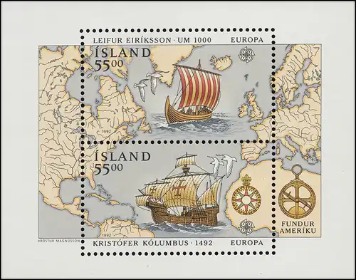 Island Block 13 Europaunion CEPT: Entdeckung von Amerika 1992, ** / MNH