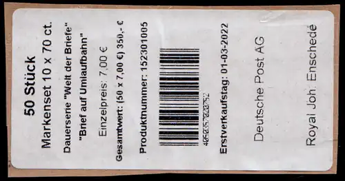 FB 119 Monde des Lettres: Lettre en orbite 70 cents, feuille feuille-BANDEROLE