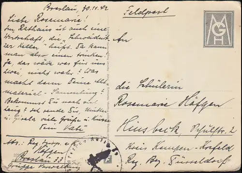 Feldpost AK Breslau Erker am Rathaus mit Briefstempel, geschrieben 30.11.42