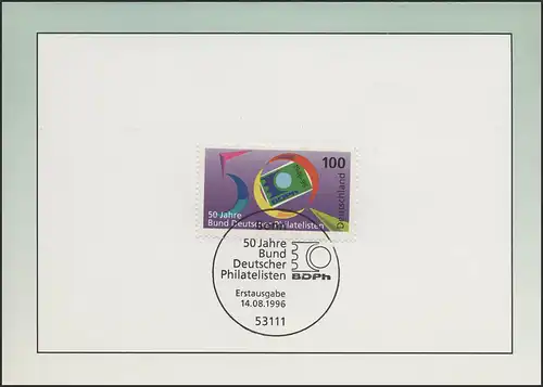 Carte pliante 50 ans Bund des philatélistes allemands 1996, ESSt Bonn 14.8.96