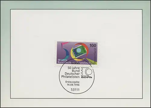 Faltkarte 50 Jahre Bund Deutscher Philatelisten 1996, ESSt Bonn 14.8.96