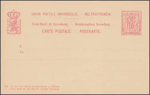 Luxemburg Postkarte P 50II Allegorie 10 C., 139x90, ungebraucht 