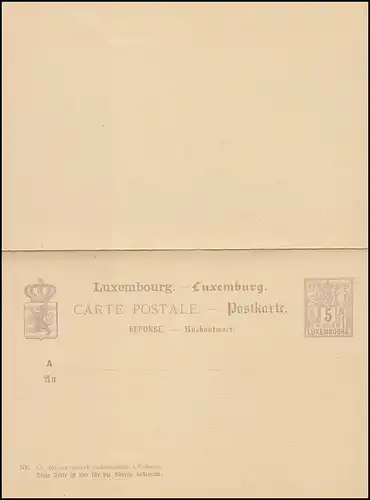 Luxemburg Postkarte P 45 Allegorie Doppelkarte 5/5 C., ungebraucht 