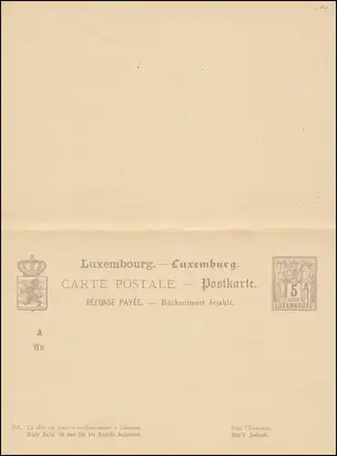 Luxemburg Postkarte P 45 Allegorie Doppelkarte 5/5 C., ungebraucht 