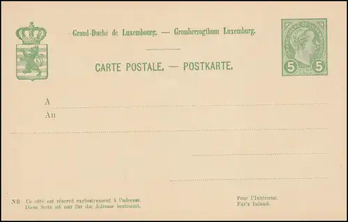 Luxembourg Carte postale P 53 Grand-Duc Adolf 5 C. Tampon de valeur à droite, non utilisé