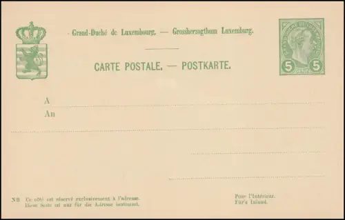 Luxembourg Carte postale P 53 Grand-Duc Adolf 5 C. Tampon de valeur à droite, non utilisé