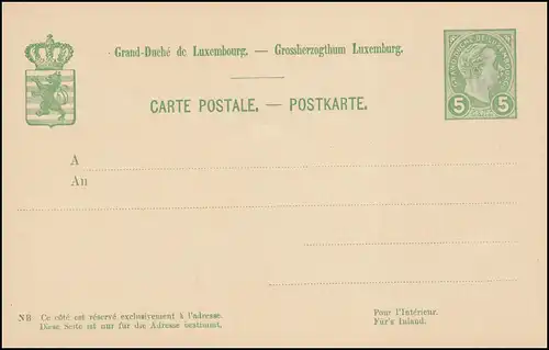 Luxemburg Postkarte P 53 Großherzog Adolf 5 C. Wertstempel rechts, ungebraucht