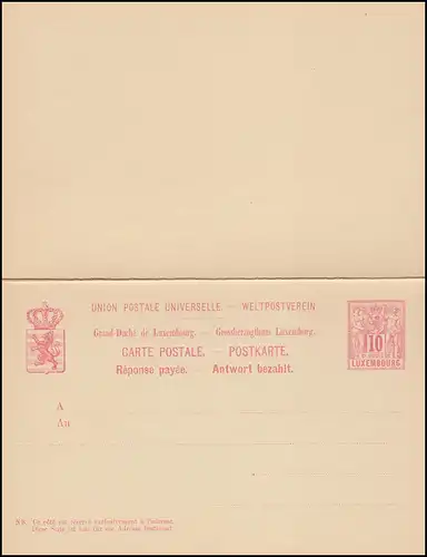Luxemburg Postkarte P 52II Allegorie Doppelkarte 10/10 C., 139x90, ungebraucht