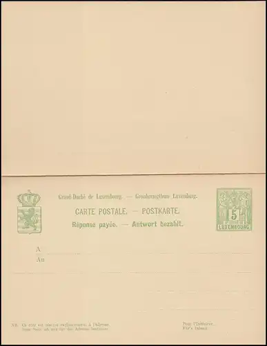 Luxemburg Postkarte P 51II Allegorie Doppelkarte 5/5 C., 139x90, ungebraucht