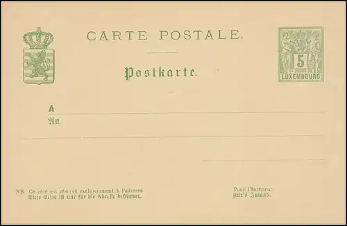 Luxemburg Postkarte P 47I Allegorie 5 C. grün, Type I, ungebraucht 
